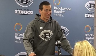 Starting quarterback Luis Perez, seen here at a press conference following the Birmingham Iron’s inaugural game, is a former NCAA Division II Player of the year at Texas A&M-Commerce, despite having never played high school varsity football. He’s hoping to use his time with the Alliance of American Football squad to catch the eye of National Football League teams.
