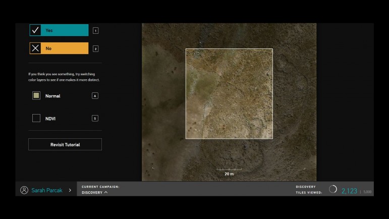A snapshot from GlobalXplorer, invites a user to search for unexplored archaeological sites in an unidentified location. 