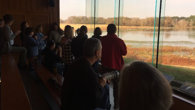 Crane-watchers compare notes behind tinted one-way windows inside the Wheeler observation house.