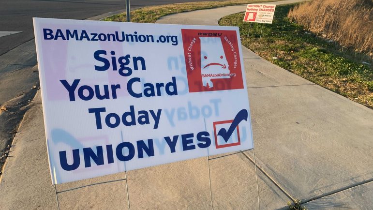 Pro-union signage outside the Amazon Bessemer facility.