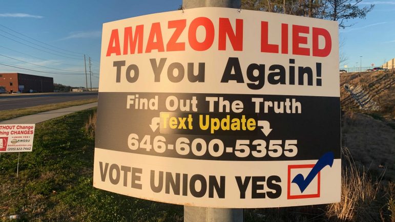 Signs outside the Amazon Bessemer facility