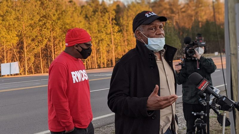Danny Glover speaks to reporters about his support for employees looking to unionize at Amazon's warehouse in Bessemer, Alabama.