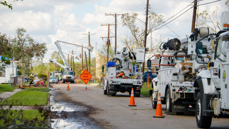 Entergy crews work to restore power to a neighborhood in Goosport, Louisiana north of Lake Charles after Hurricane Laura, a Category 4 storm, swept through the area in August 2020.