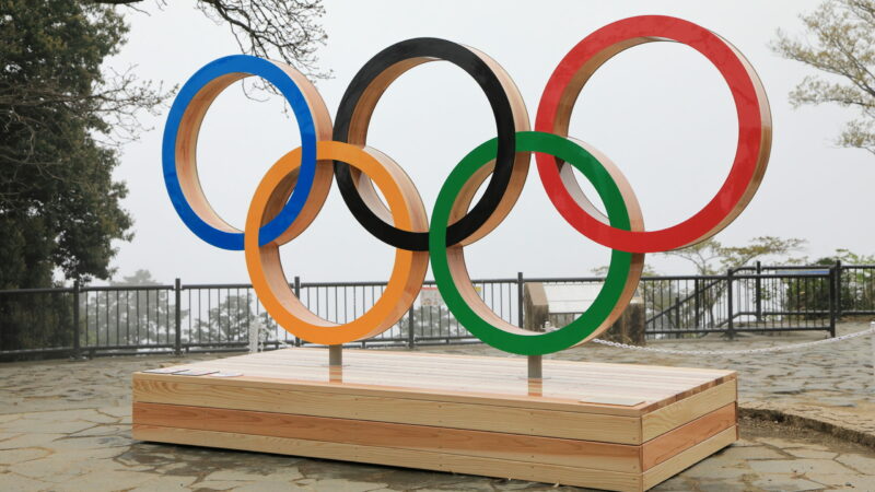 A set of Olympic Rings sits on Mount Takao in Tokyo ahead of the 2020 Olympics.