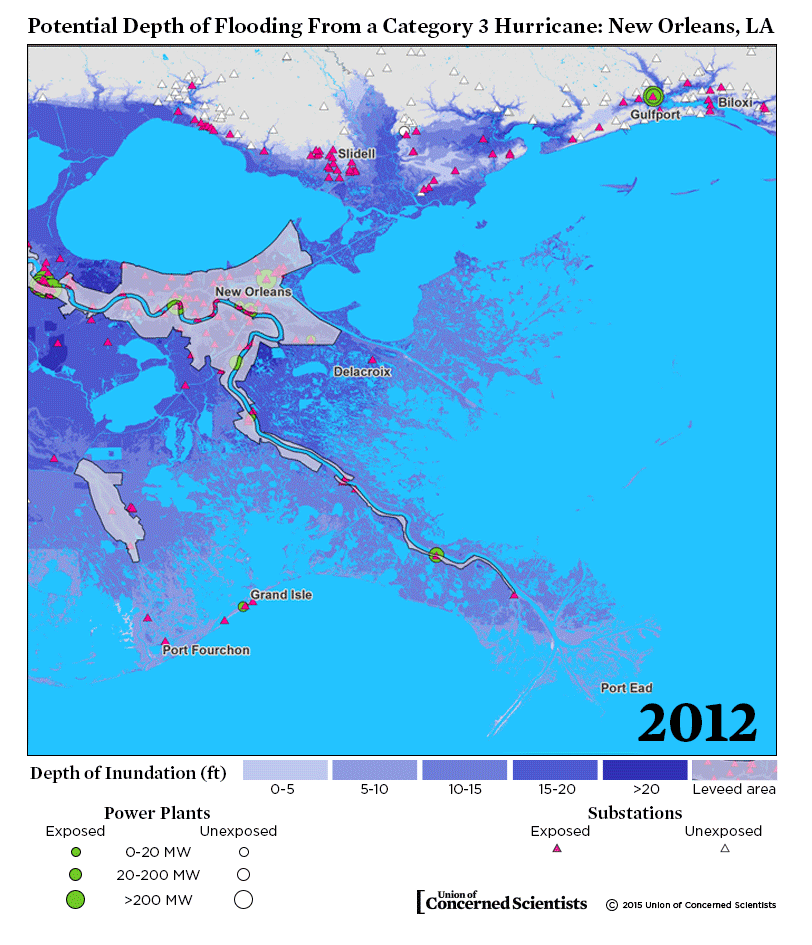 This animated GIF shows changes in the potential depth of flooding in New Orleans and a portion of the Gulf Coast from a Category 3 Hurricane from 2012-2070. It also lays out where exposed and unexposed power plants in the region are on the flood map.