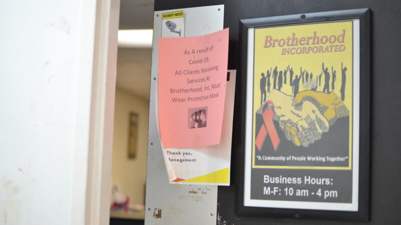 The door to the Brotherhood Inc., office in New Orleans is pictured here. The office had to shut down clinical services, including HIV testing, during much of the COVID-19 pandemic.