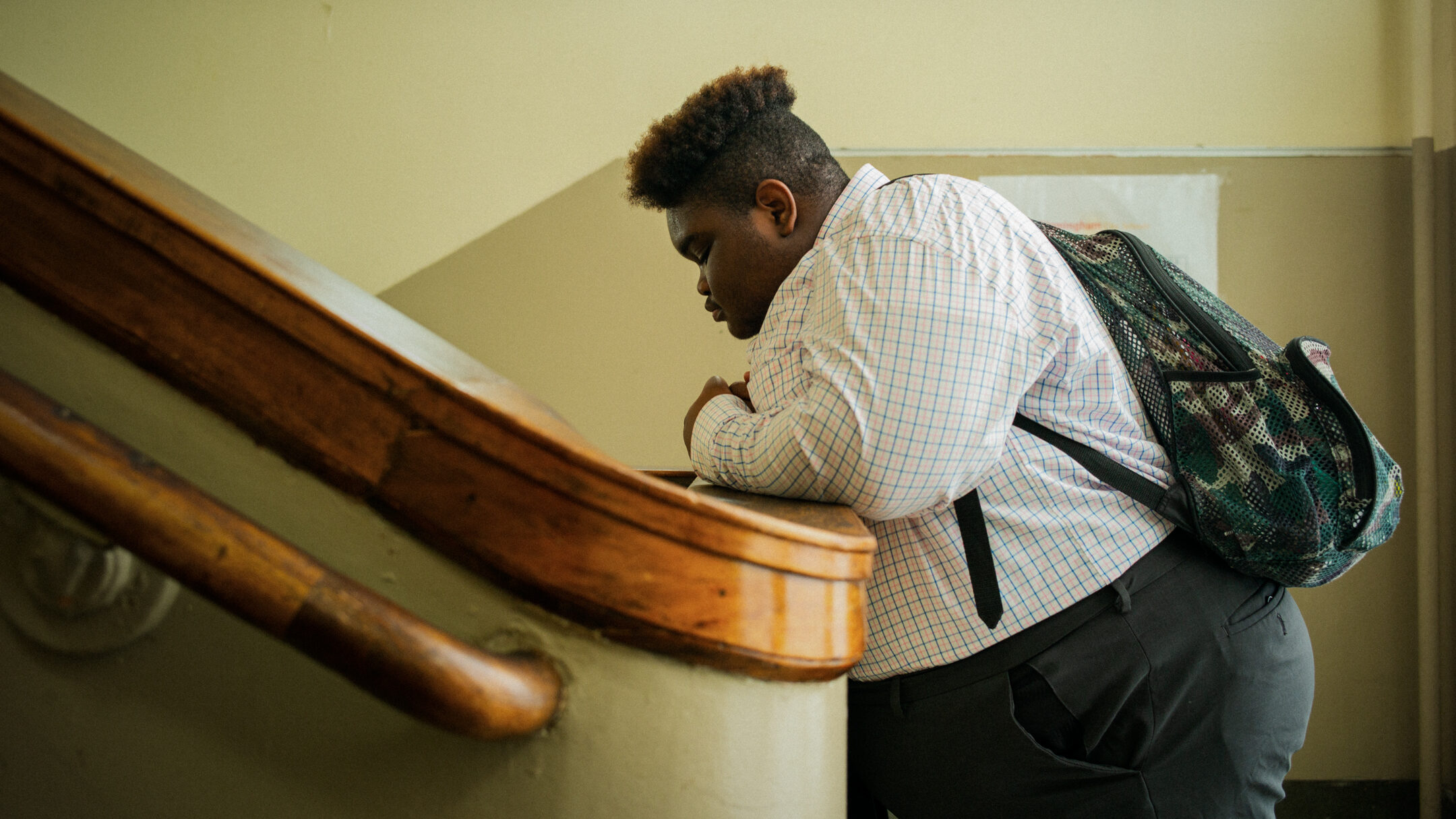 Keion Gilmore, a senior at Ramsey High School featured in the "All-In" documentary and exhibit, reflects on the stairwell.