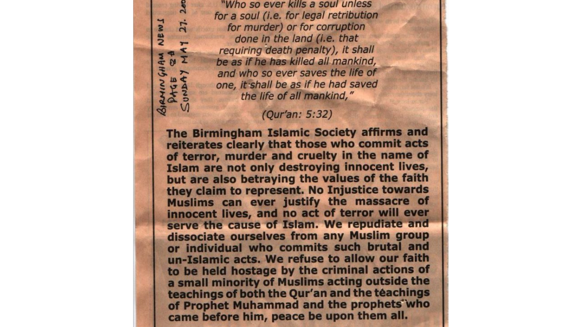 The Birmingham Islamic Society's statement on its stand against terroism