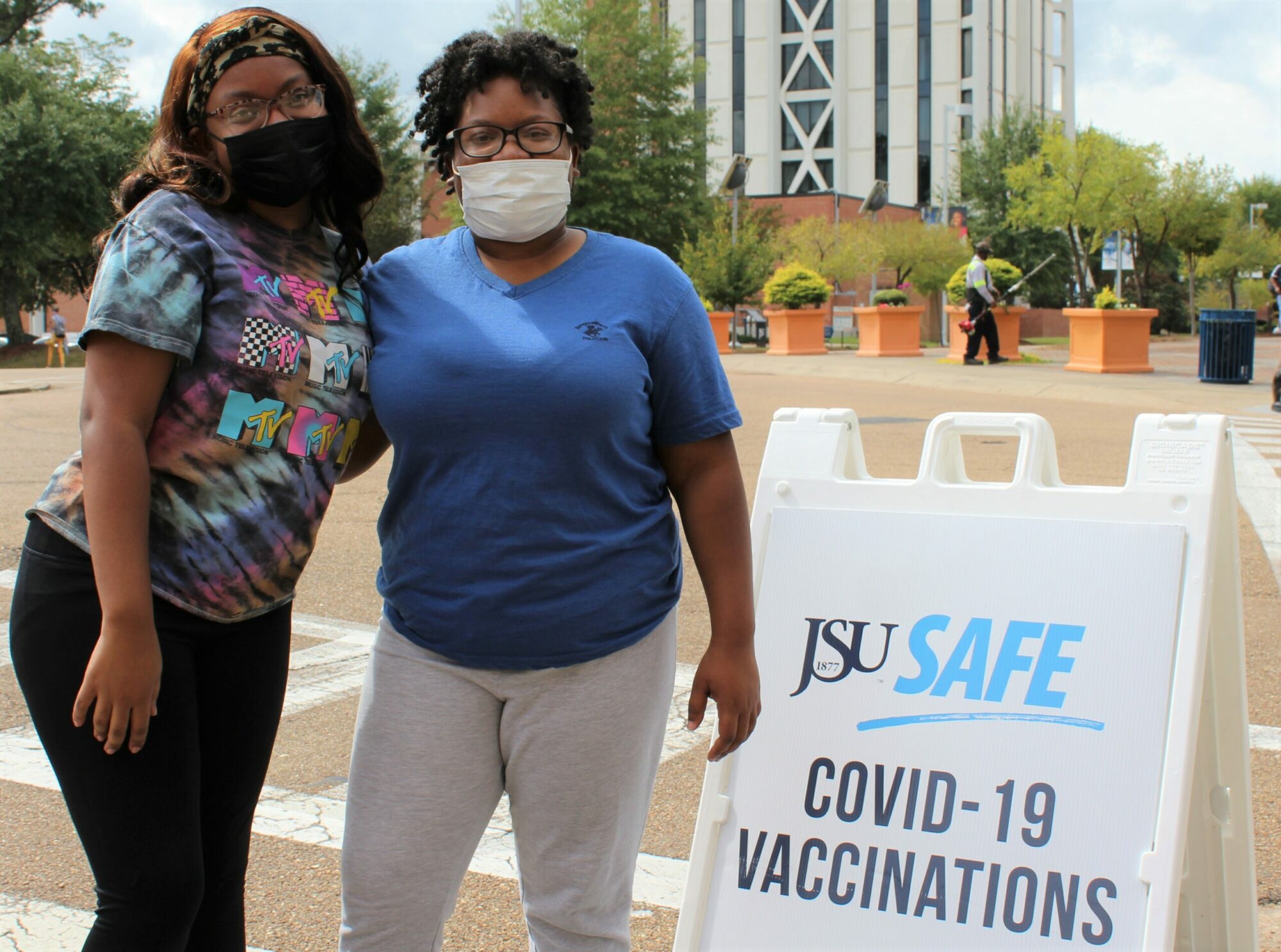 Sisters Camille and Atlantis Crosland attended Jackson State University's free COVID-19 vaccination event to take the shot.
