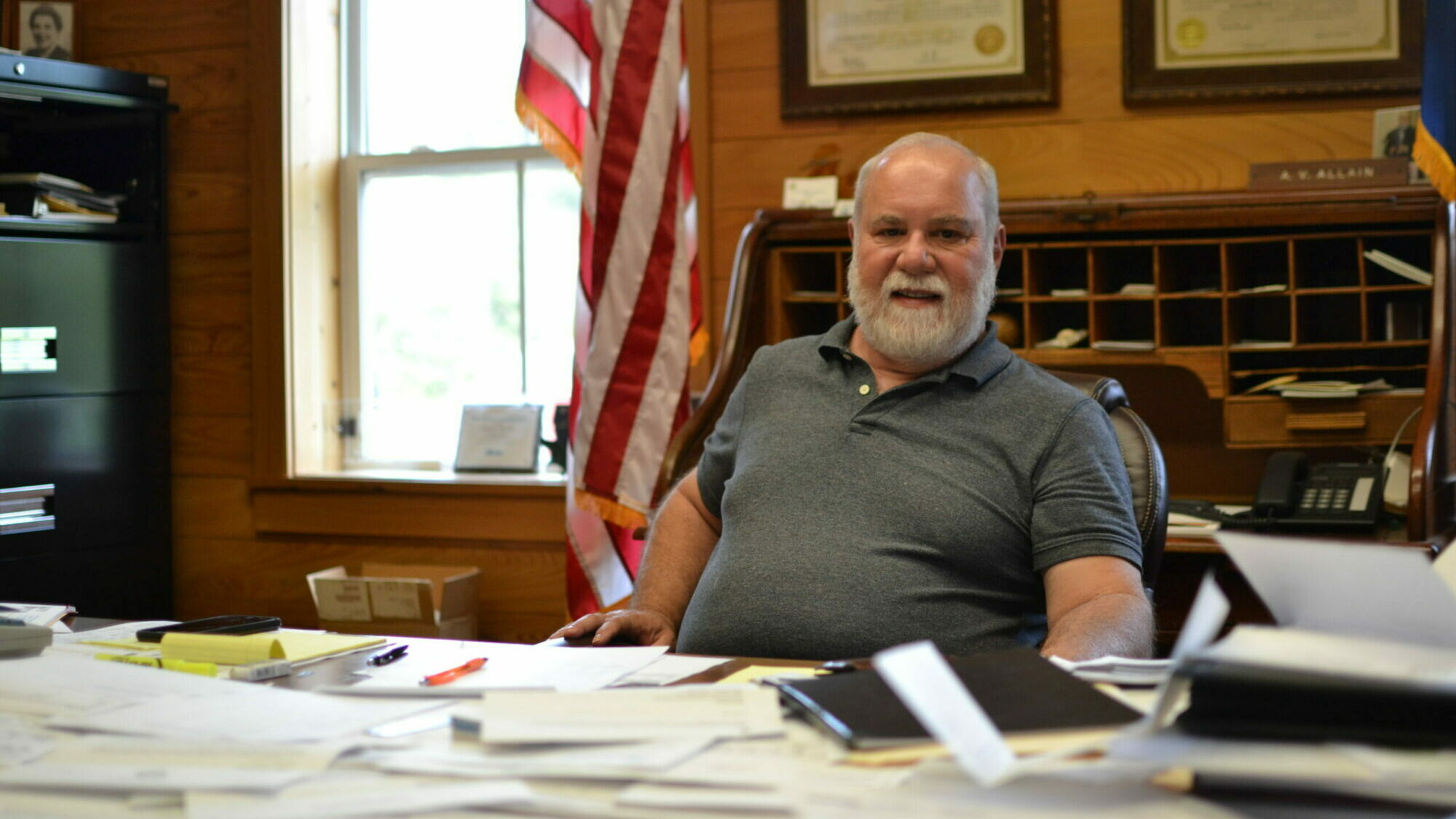 Louisiana State Sen. Bret Allain sits at his desk in his office in St. Mary Parish.