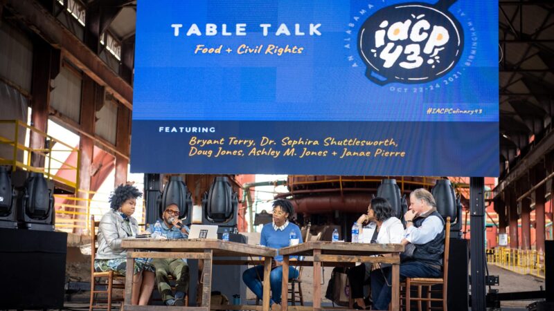 IACP's Table Talk session on food and civil rights featuring (from left to right) Ashley M. Jones, Bryant Terry, Janae Pierre, Sephira Shuttlesworth and Doug Jones.