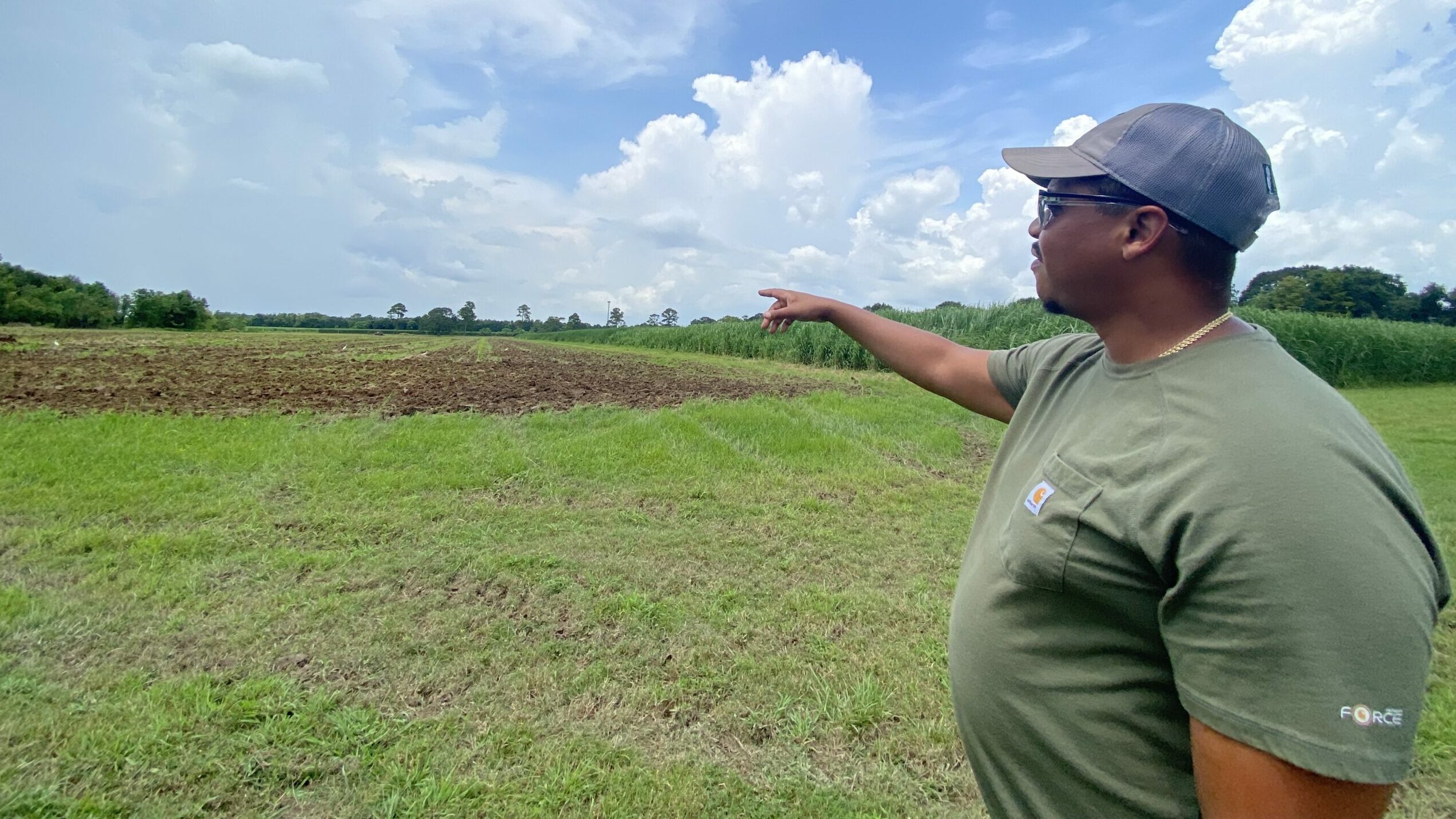 Eddie Lewis III, a Black farmer in Louisiana, surveys his farm land that he grows sugar cane on.