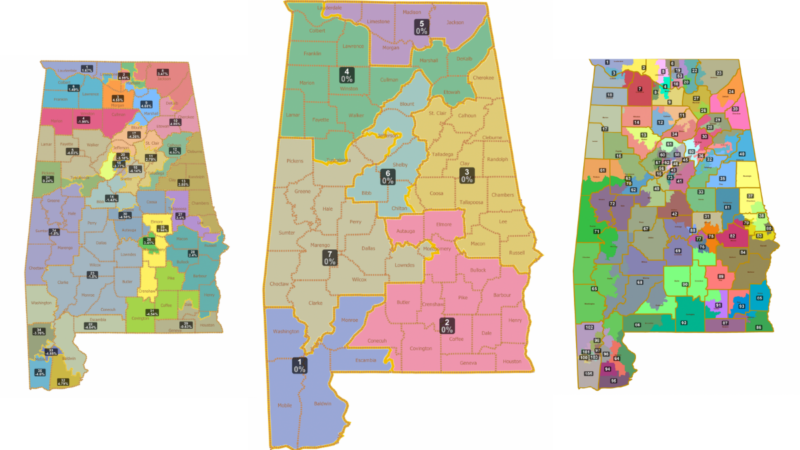 These redistricting maps were finalized during the 2021 special legislative session. The state Senate map is far left, the congressional district map is in the center, and the state House map is on the right.