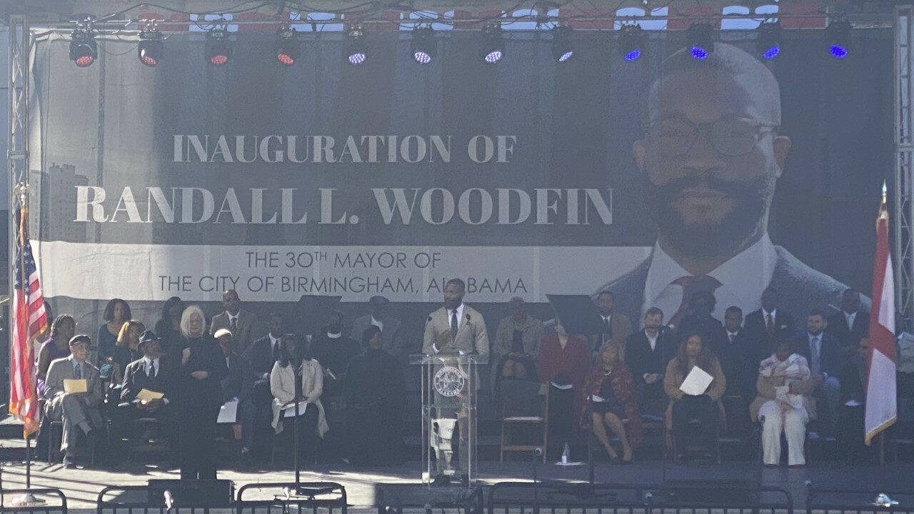 Birmingham Mayor Randall Woodfin spoke after being sworn into office for a second term at Linn Park in downtown Birmingham.