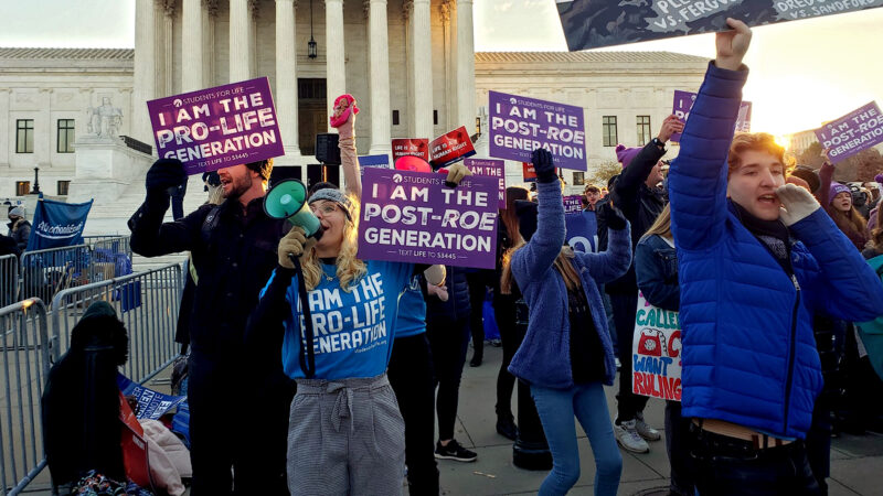 A group of anti-abortion advocates rallying outside the U.S. Supreme Court hold up signs reading "I am the pro-life generation" and "I am the post-Roe generation."