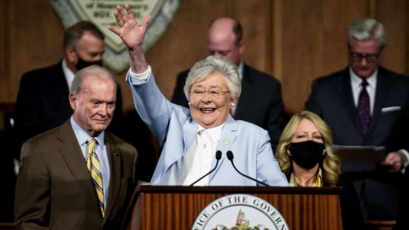 Alabama Governor Kay Ivey waves as she arrives to deliver her State of the State Address at the State Capitol Building in Montgomery, Ala., on Tuesday evening January 11, 2022.