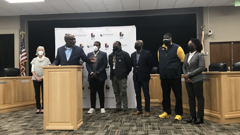 Birmingham City Schools superintendent Mark Sullivan addresses questions about the sickout staged by teachers. He is flanked by members of the school board. (from left the right) Mary Boehm, Jason Meadows, Derrick Meadows, James Sullivan, Sherman Collins, Leticia Watkins