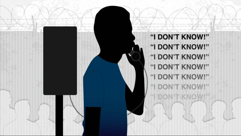 An illustration of a man repeatedly saying "I don't know!" being interviewed by phone in an immigration detention center.