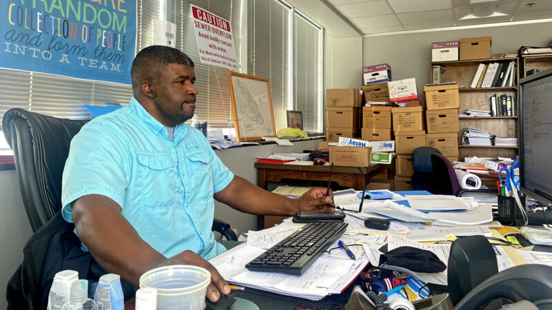 Jackson City Engineer Charles Williams works on infrastructure issues from his office at the Public Works Department.