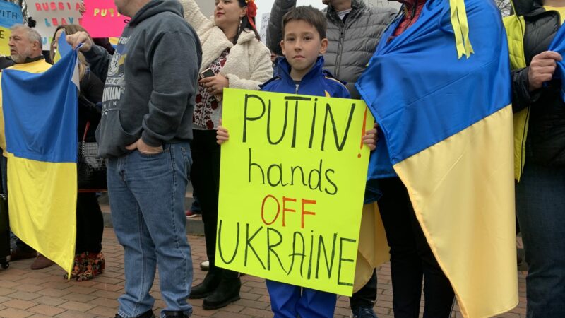 A boy holding a sign that reads 'Putin! Hands off Ukraine' at the rally in Birmingham