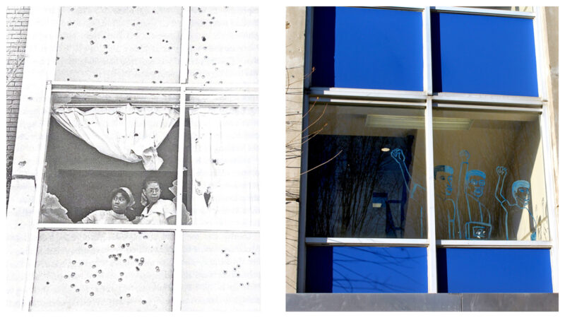 A side-by-side photo of Jackson State University's Alexander Hall shows the building after the May 14, 1970 police shooting on campus and the same section of the building in 2022.