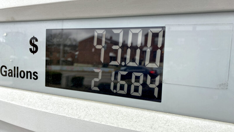 A gas pump reads $93 after a customer bought more than 21 gallons of gas at a Birmingham, Alabama Shell station.