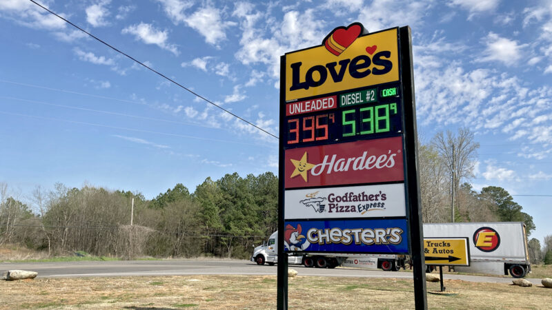 A Love’s travel stop in Eutaw, Alabama lists gas prices at $3.95 on March 14, 2022.
