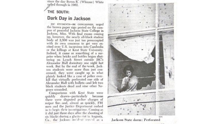 A photocopy of an archival article covering the Gibbs-Green Tragedy at Jackson State University on May 14, 1970.