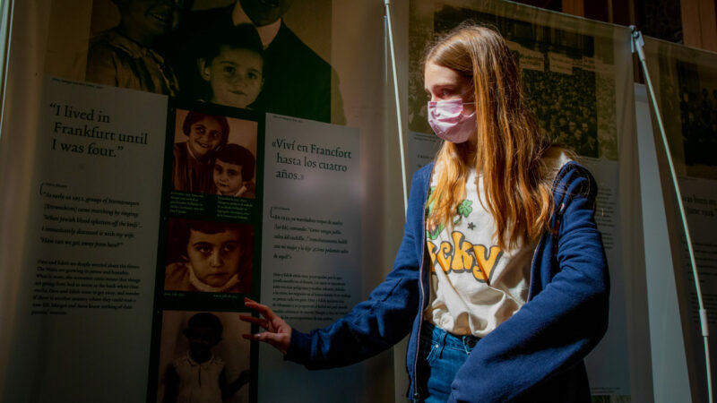 Daphne Beasley, a seventh-grader at Holy Name of Jesus School, guides a tour group of fifth and sixth graders through a traveling exhibition titled "Anne Frank: A History for Today" at Loyola University of New Orleans.
