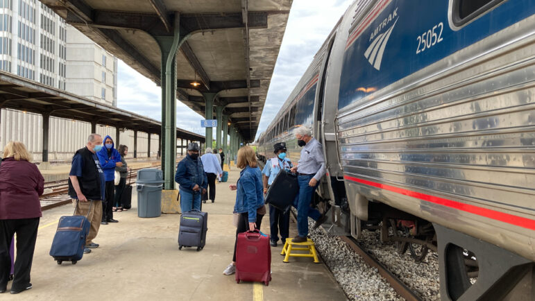 Amtrak riders board the Crescent line at the Birmingham, Alabama station.