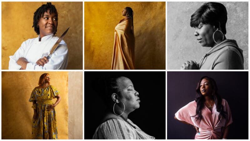(left-right, top-bottom): I’esha Granderson, Cajania (Coco) Brown, Erica Brown, Wilma Ammons, Annette Mikell and Khadaja Ryals pose for portraits taken by the Magnolia Mother's Trust.