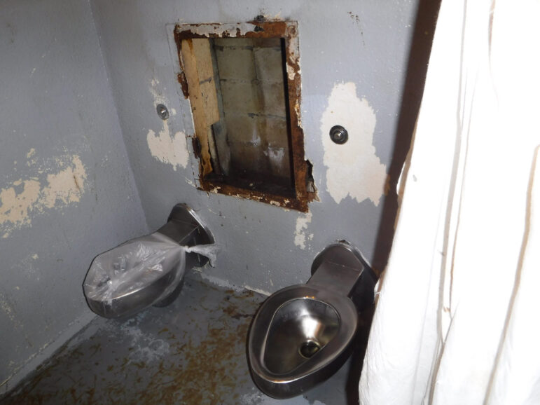 A photo obtained by Disability Rights Mississippi shows inadequate bathroom facilities at the Mississippi State Penitentiary.