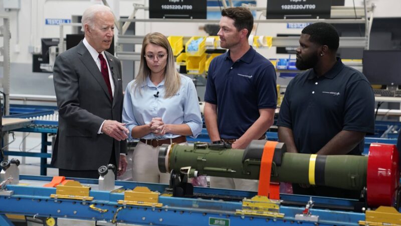Workers at a Lockheed plant in Troy, Alabama show president antitank missiles