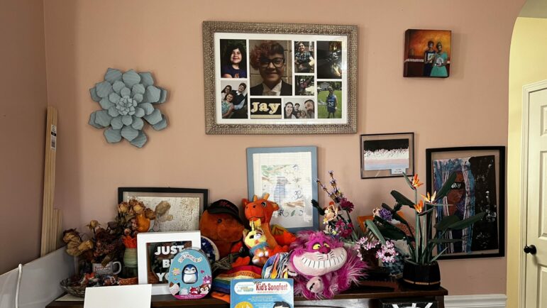 Jay died by suicide at the age of 13. His mother keeps his artwork and a memorial to him in her house.