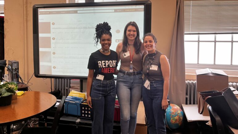 Kyra Miles, Rebecca Griesbach and Savannah Tryens-Fernandes teamed up with two classes for a Report for America service project.