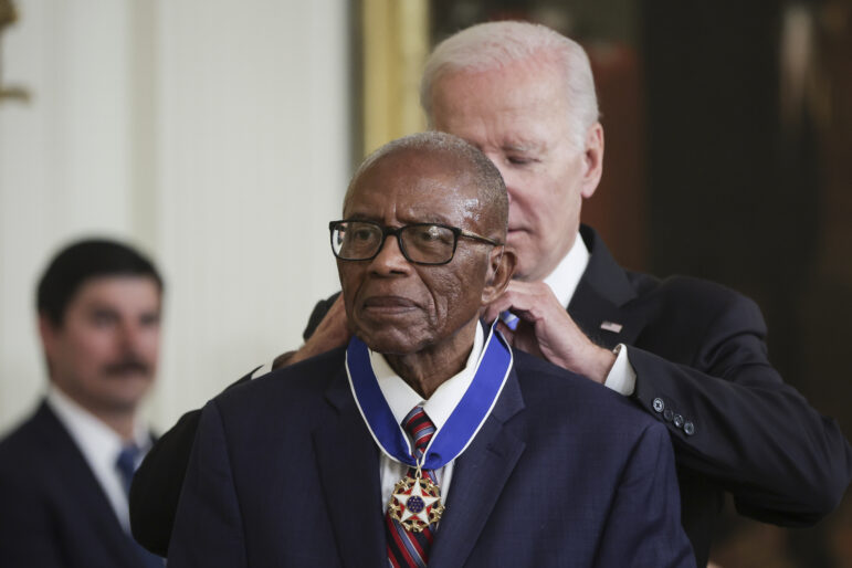 President Joe Biden presents the Presidential Medal of Freedom to civil rights attorney Fred Gray