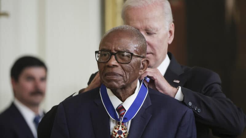 President Joe Biden presents the Presidential Medal of Freedom to civil rights attorney Fred Gray