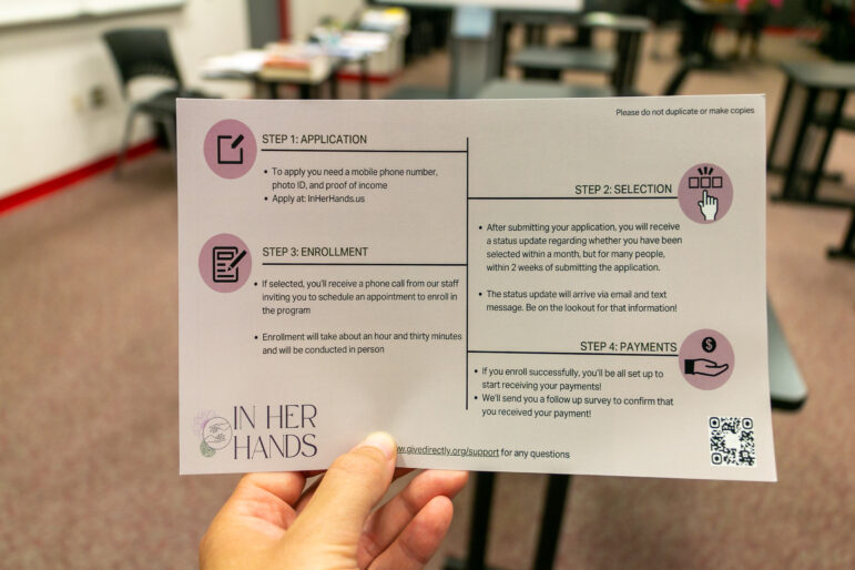 A flier for In Her Hand’s rural guaranteed income pilot that was passed out at Albany Technical College in Cuthbert, Georgia.