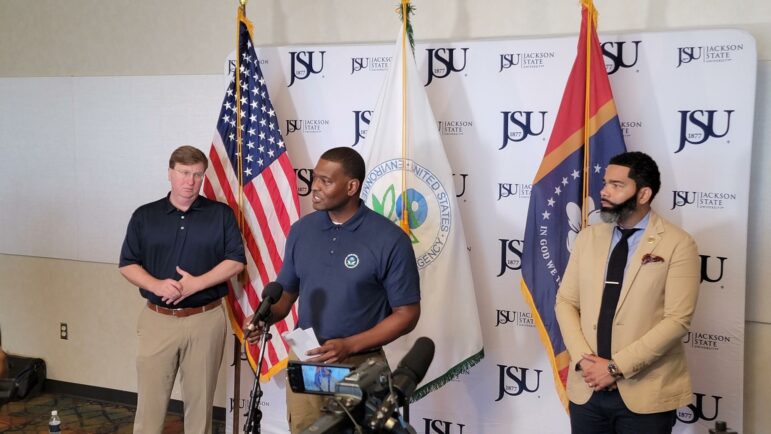 EPA Administrator Michael Regan (center), speaks at a press conference in Jackson, Mississippi alongside Mississippi Gov. Tate Reeves (left) and Jackson Mayor Chokwe Lumumba (right), Sept. 7, 2022.