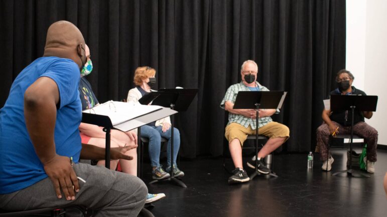 From left, Director Marc Raby with actors Jeff DeGarmo, Sally Montgomery, Jack Cannon and Cheryl Hall at a rehearsal for “Pink Clouds,” Sept. 20, 2022.