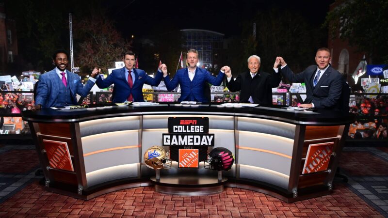 (left to right) ESPN College GameDay analysts Desmond Howard, Rece Davis, Pat McAfee, Lee Corso and Kirk Herbstreit are featured in this photo taken during the show’s broadcast from the University of Oregon in Eugene, Washington, Oct. 22, 2022.