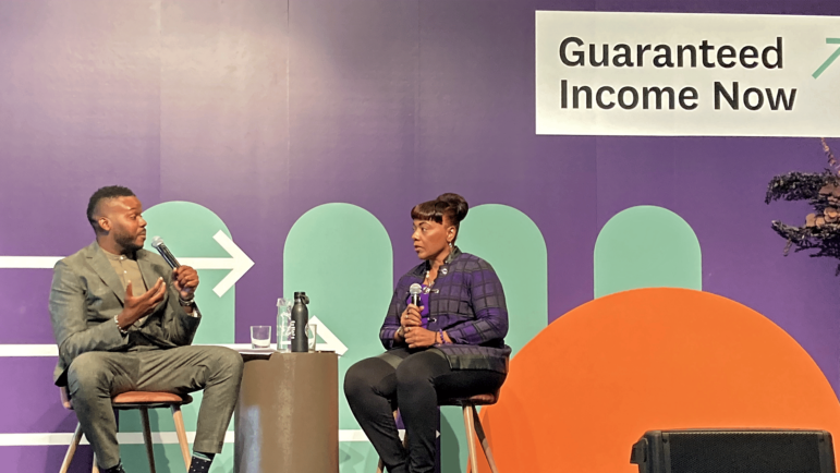 Mayors for a Guaranteed Income co-founder Michael Tubbs interviews Bernice King at the Guaranteed Income Now conference in Atlanta, Sept. 29, 2022.