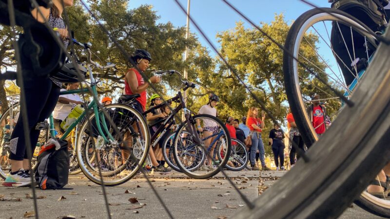 Cyclists riding in the 14th annual NOLA to Angola bike ride line up in front of the steps of New Orleans Police Department headquarters, Oct. 15, 2022.