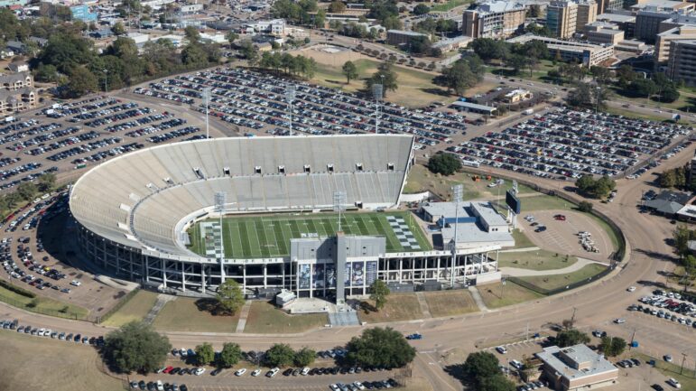 An aerial view of Mississippi Veterans Memorial Stadium in Jackson, Mississippi, 2016.