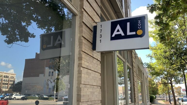 The outside sign of AL.com on 1st Avenue North in downtown Birmingham.