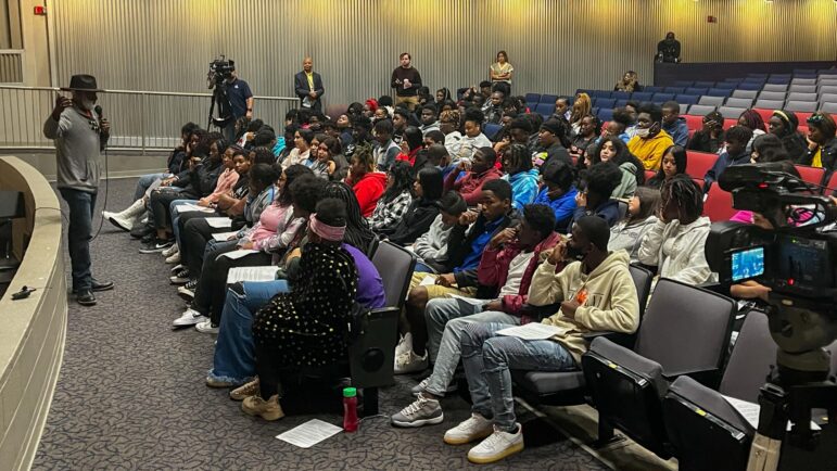 A group of sophomores at George Washington Carver High School gathered in the auditorium for an assembly on non-violence led by the Birmingham Urban League.