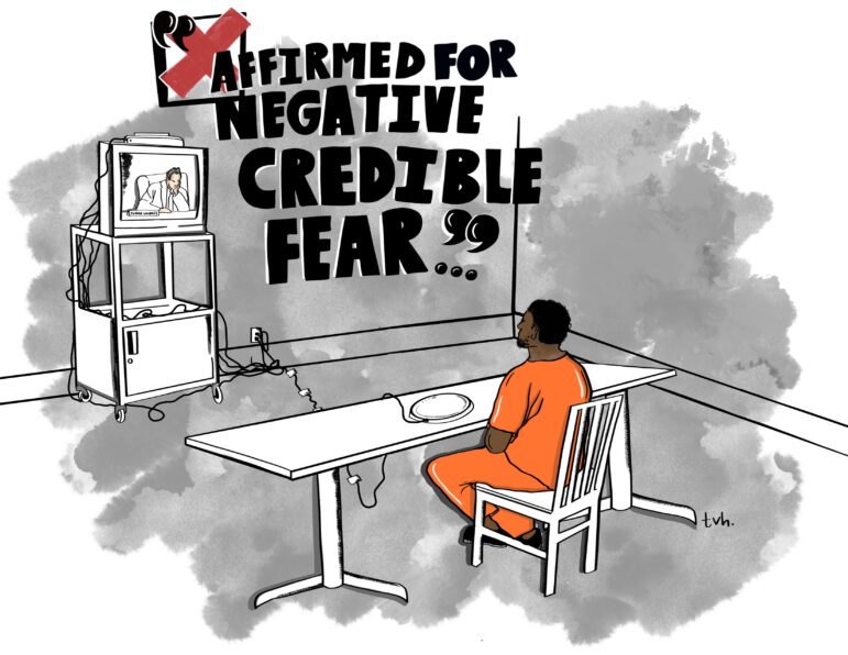 An illustration by Taslim Van Hattum depicts BJ having his negative credible fear determination affirmed by Immigration Judge Brent Landis.