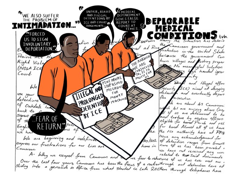 An illustration by Taslim Van Hattum depicts a hunger strike that more than 50 African detainees at the Pine Prairie ICE Processing Center in Pine Prairie, Louisiana carried out in August 2020. Three men depicted in the illustration sit over a backdrop of the asylum seekers' handwritten grievances of mistreatment at the processing center.