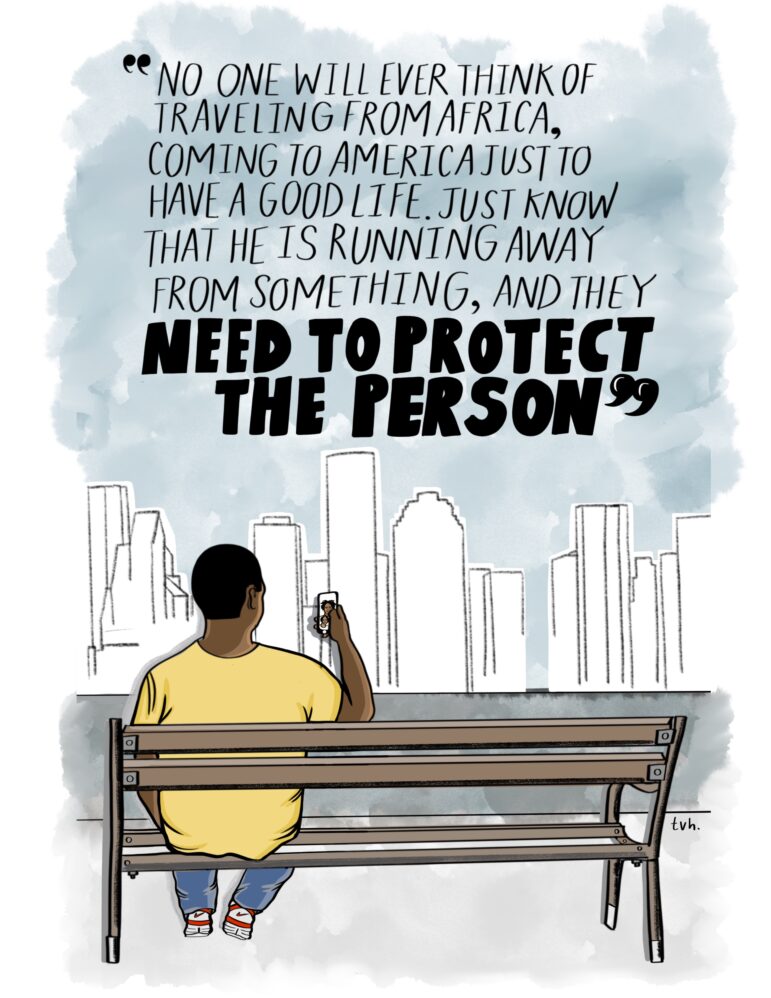 An illustration shows BJ sitting on a bench talking to his family on a video chat on his smartphone. The Houston skyline is in the background, with a quote from BJ overlayed on top of it.
