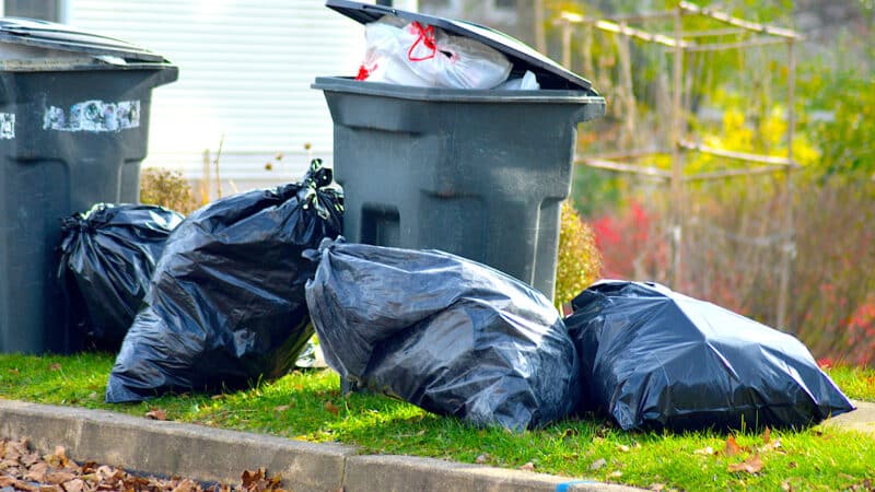 Four plastic garbage bags and a full trash can sit near a curb.